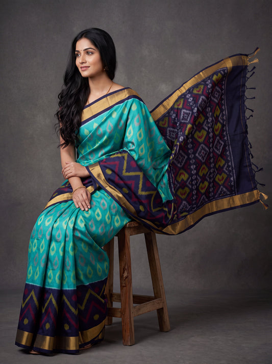 Turquoise and Navy Blue Pochampally Ikkat Silk Saree Zari