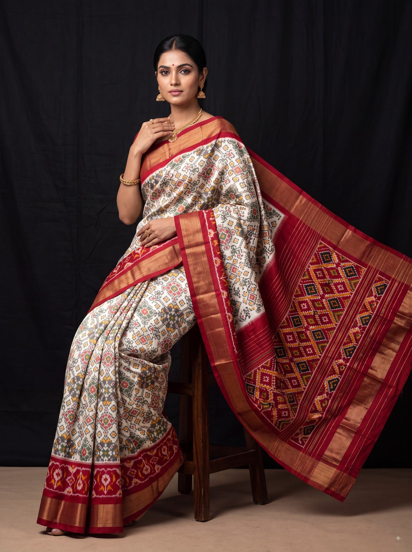 Multicolor Dola Silk Twill Ikkat Designer Saree With Unstitched Blouse Piece For Women