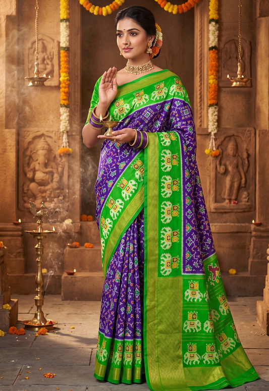 Purple and Parrot Green Pochampally Ikkat Silk Saree Zari