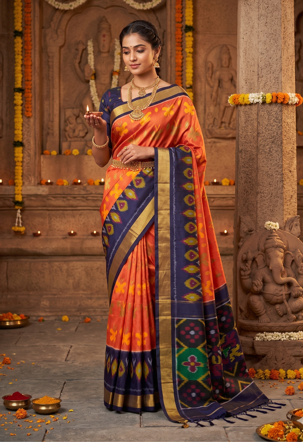 Orange and Navy Blue Pochampally Ikkat Silk Saree Zari
