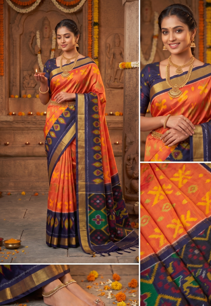Orange and Navy Blue Pochampally Ikkat Silk Saree Zari