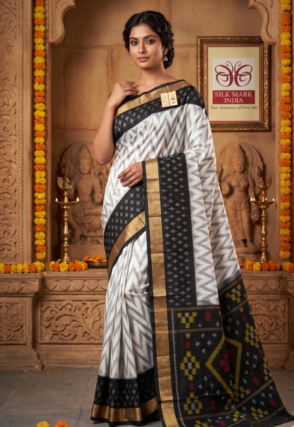 White and Black Pochampally Ikkat Silk Saree Gold Zari