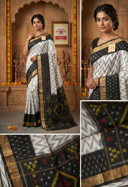 White and Black Pochampally Ikkat Silk Saree Gold Zari