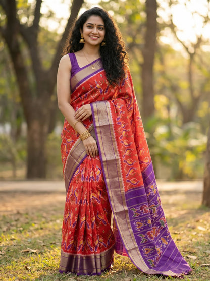 Red and Purple Pochampally Ikkat Silk Saree Gold Zari