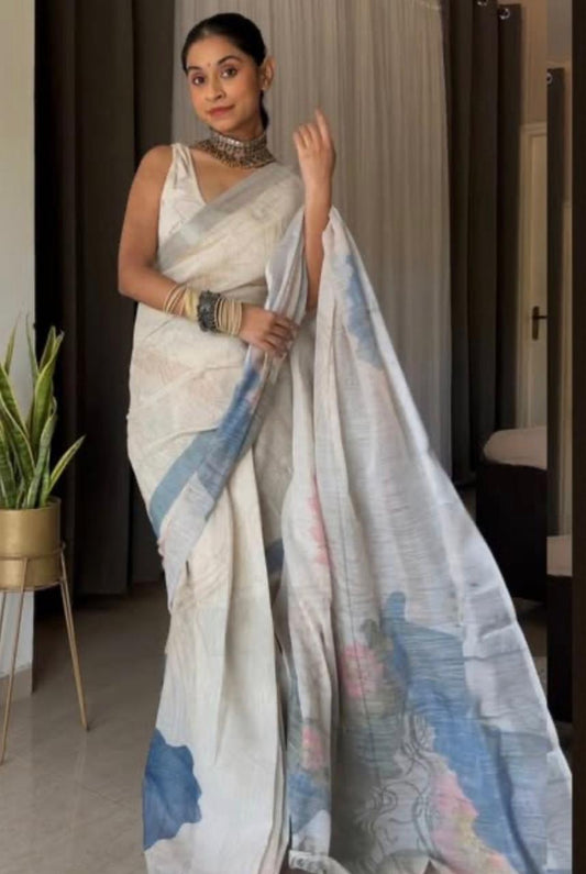 Ivory White Pure Linen Lotus Print Saree