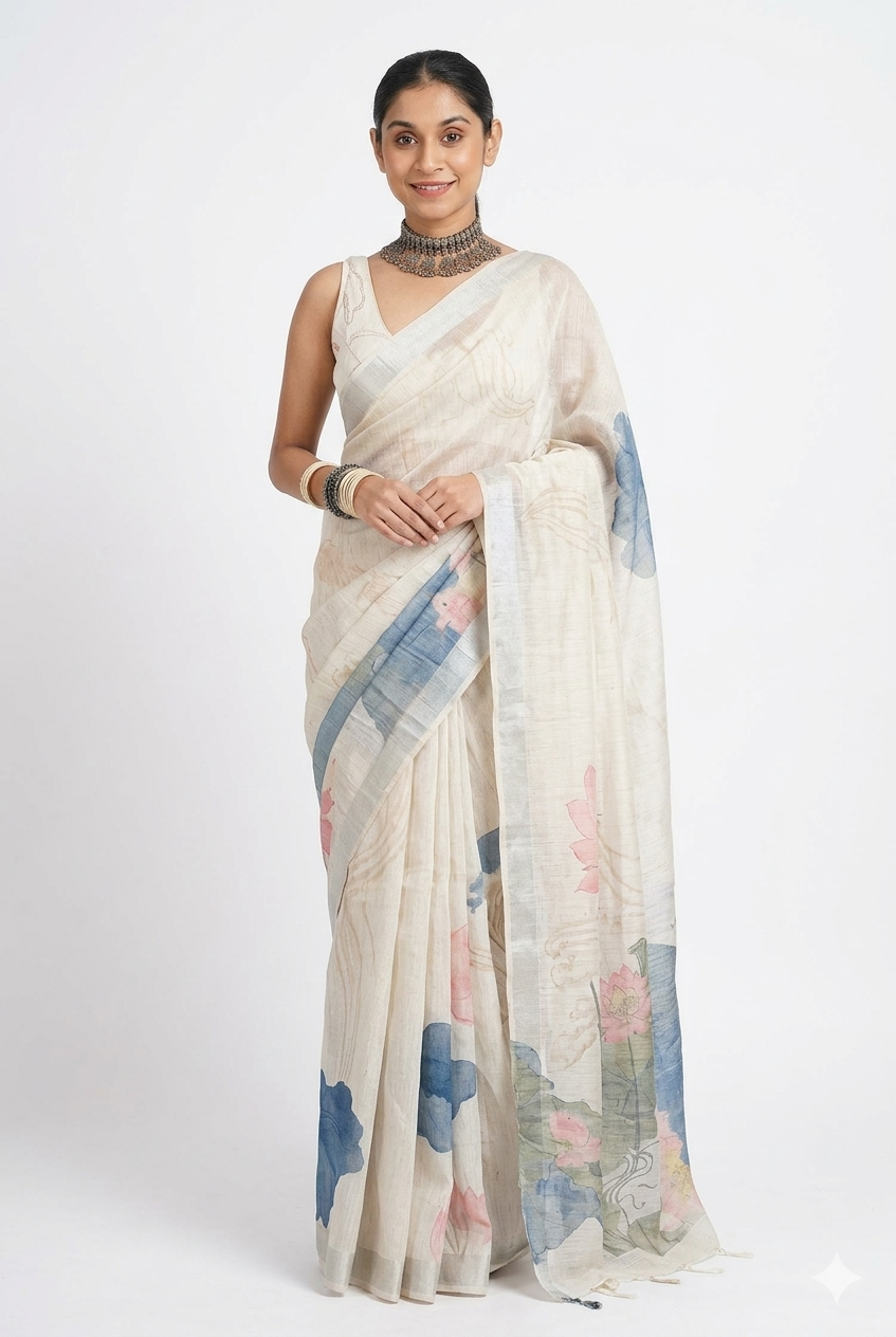 Ivory White Pure Linen Lotus Print Saree
