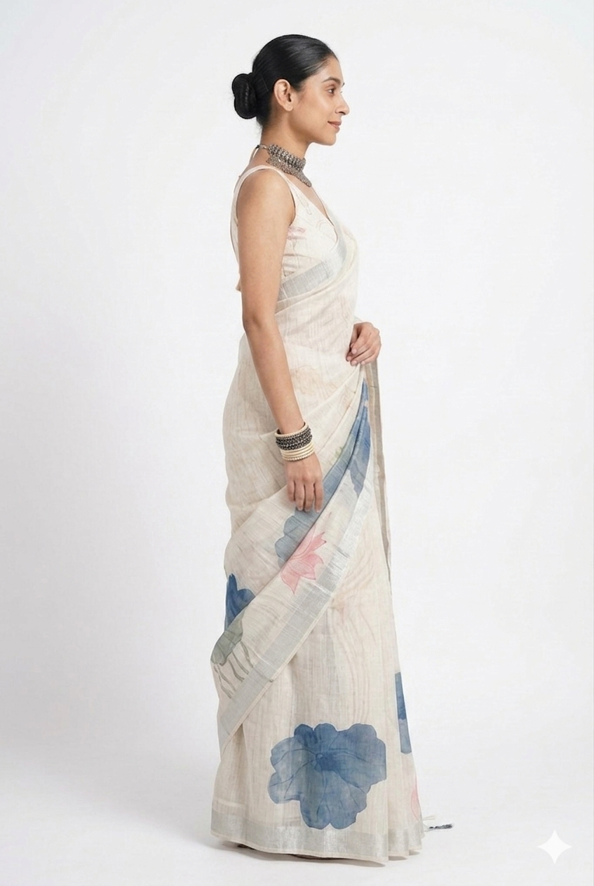 Ivory White Pure Linen Lotus Print Saree