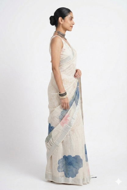 Ivory White Pure Linen Lotus Print Saree