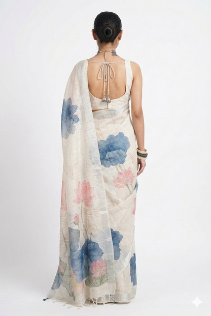 Ivory White Pure Linen Lotus Print Saree