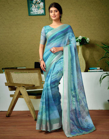 Light Blue Watercolor Floral Pure Linen Saree