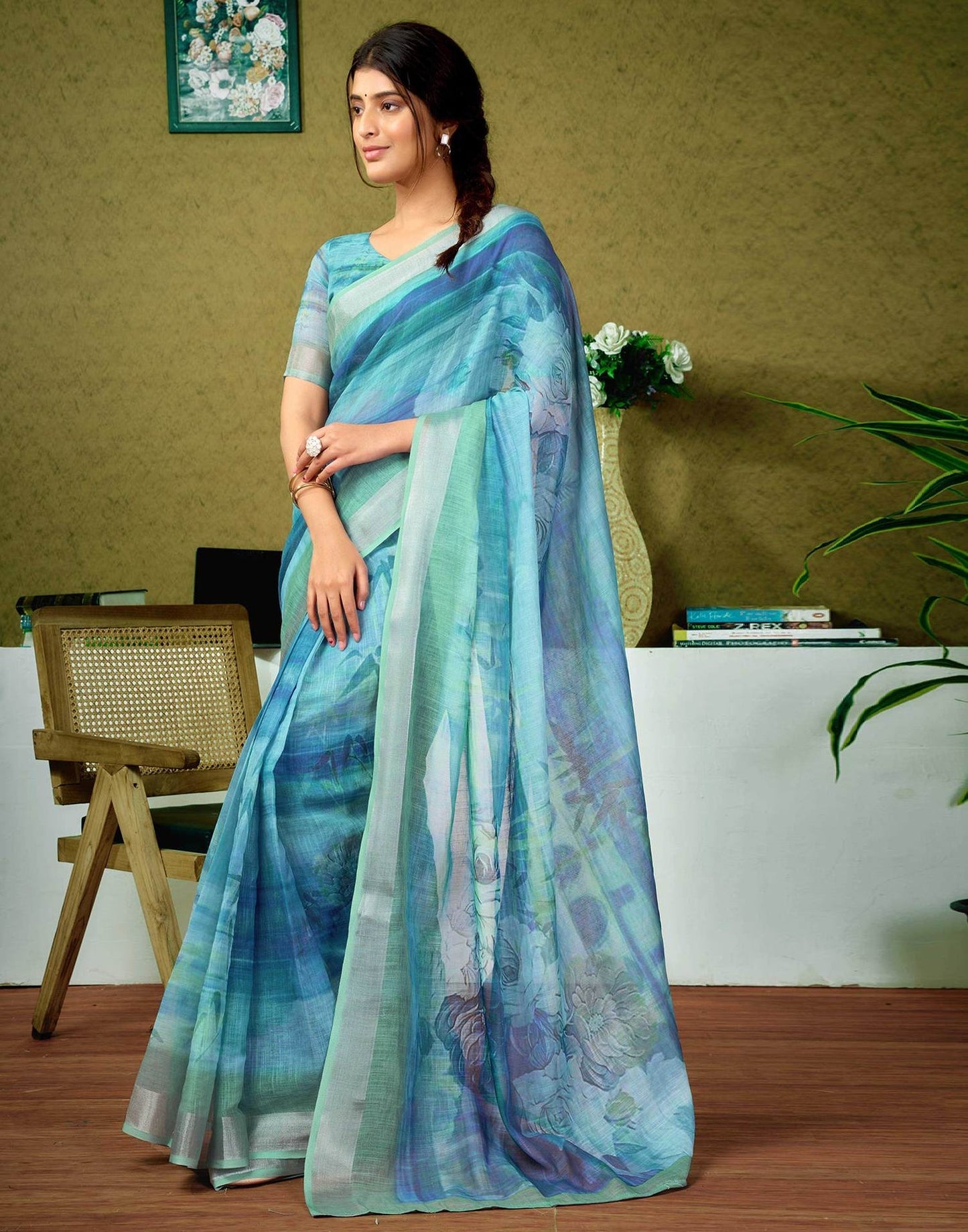 Light Blue Watercolor Floral Pure Linen Saree