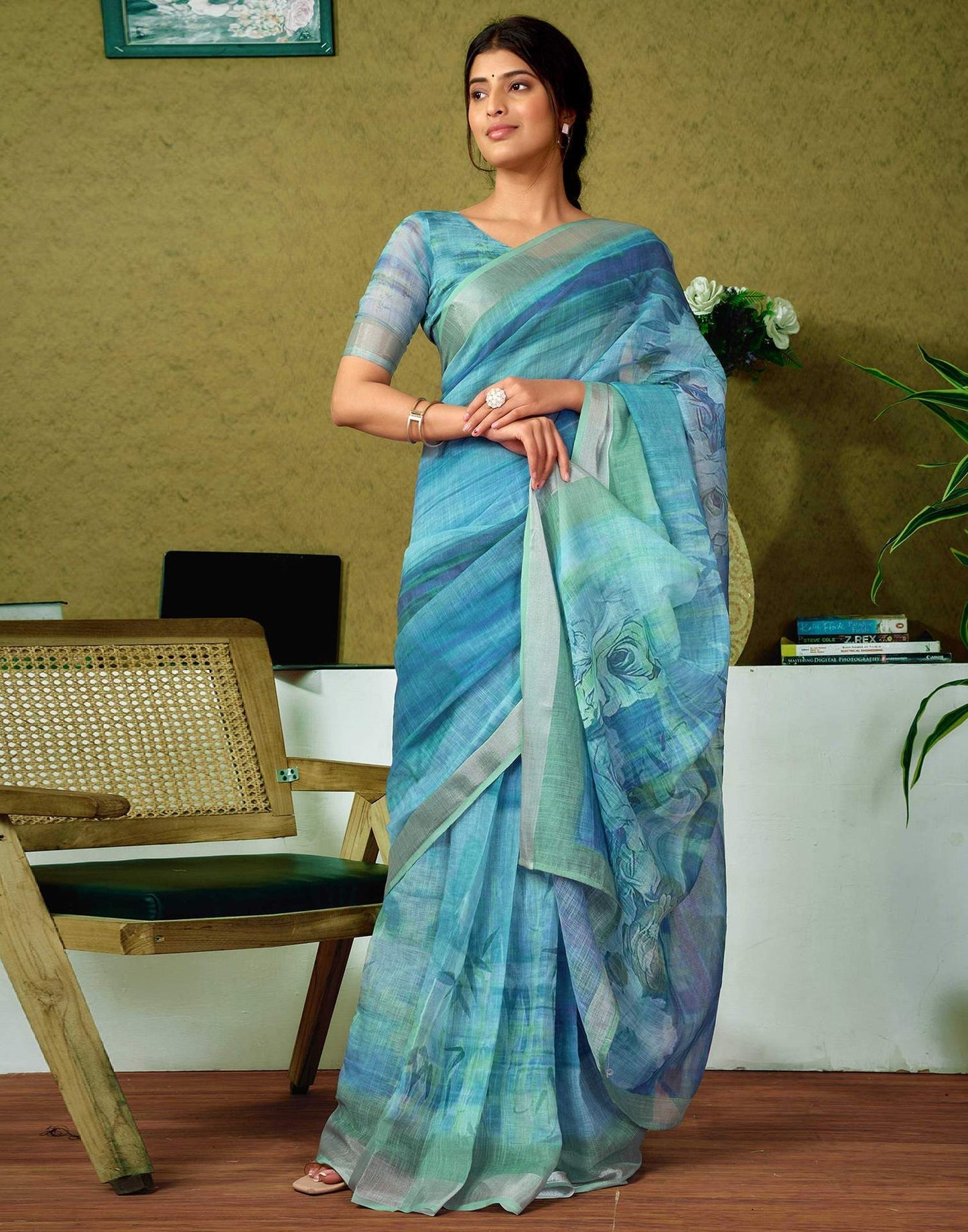 Light Blue Watercolor Floral Pure Linen Saree