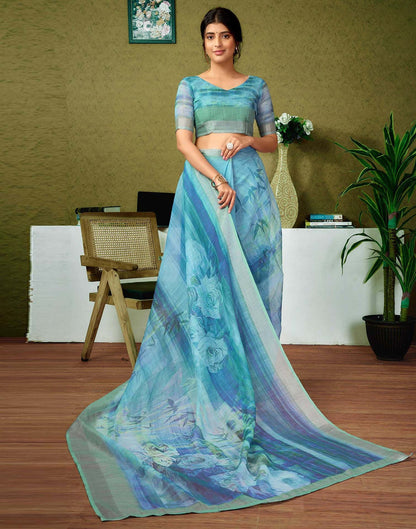 Light Blue Watercolor Floral Pure Linen Saree