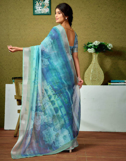 Light Blue Watercolor Floral Pure Linen Saree