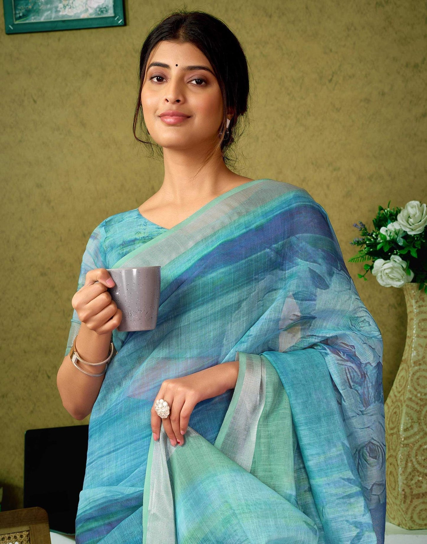 Light Blue Watercolor Floral Pure Linen Saree