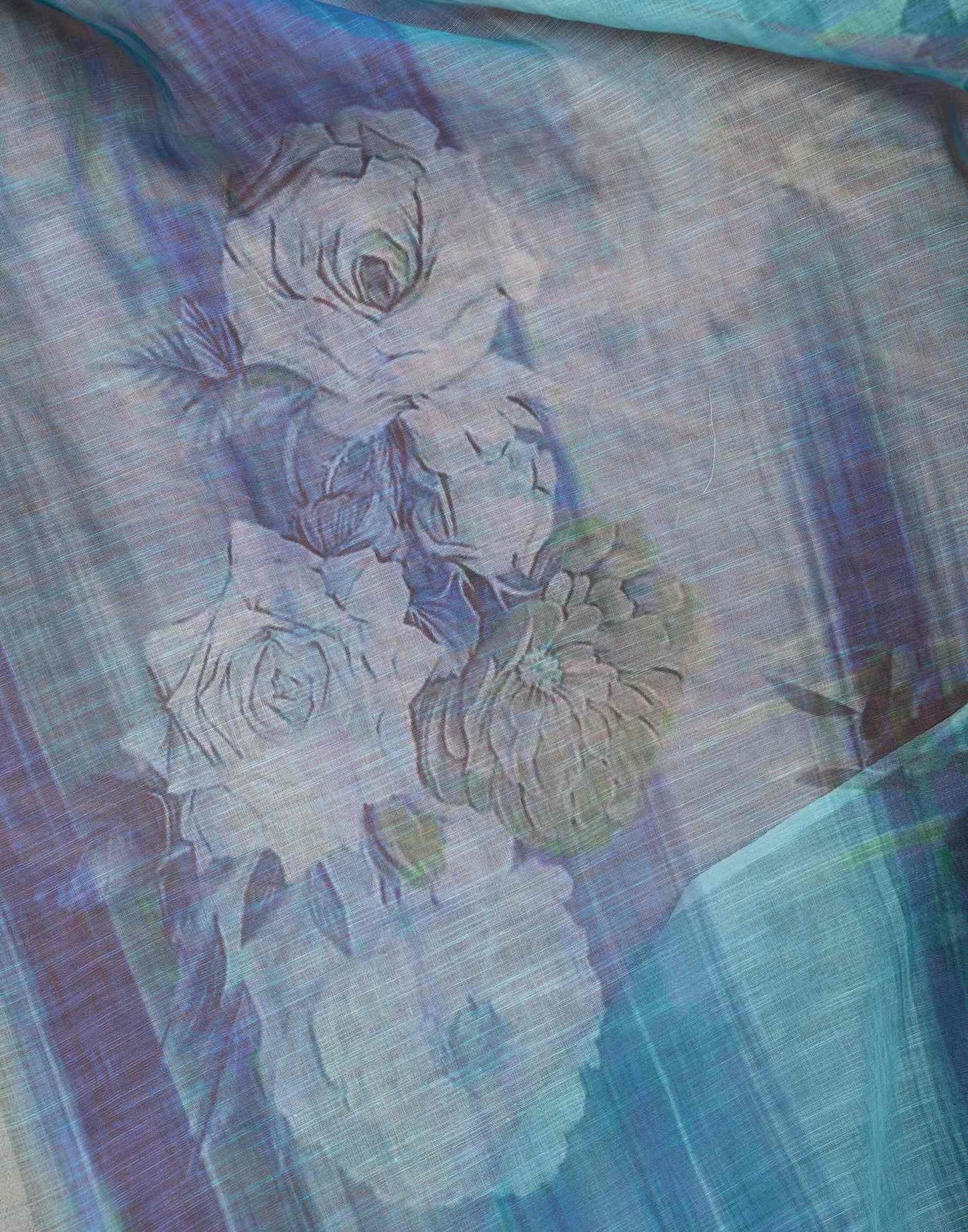 Light Blue Watercolor Floral Pure Linen Saree