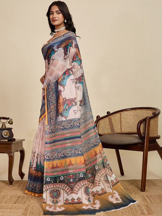 Pastel Pink Linen Saree With Kalamkari Border