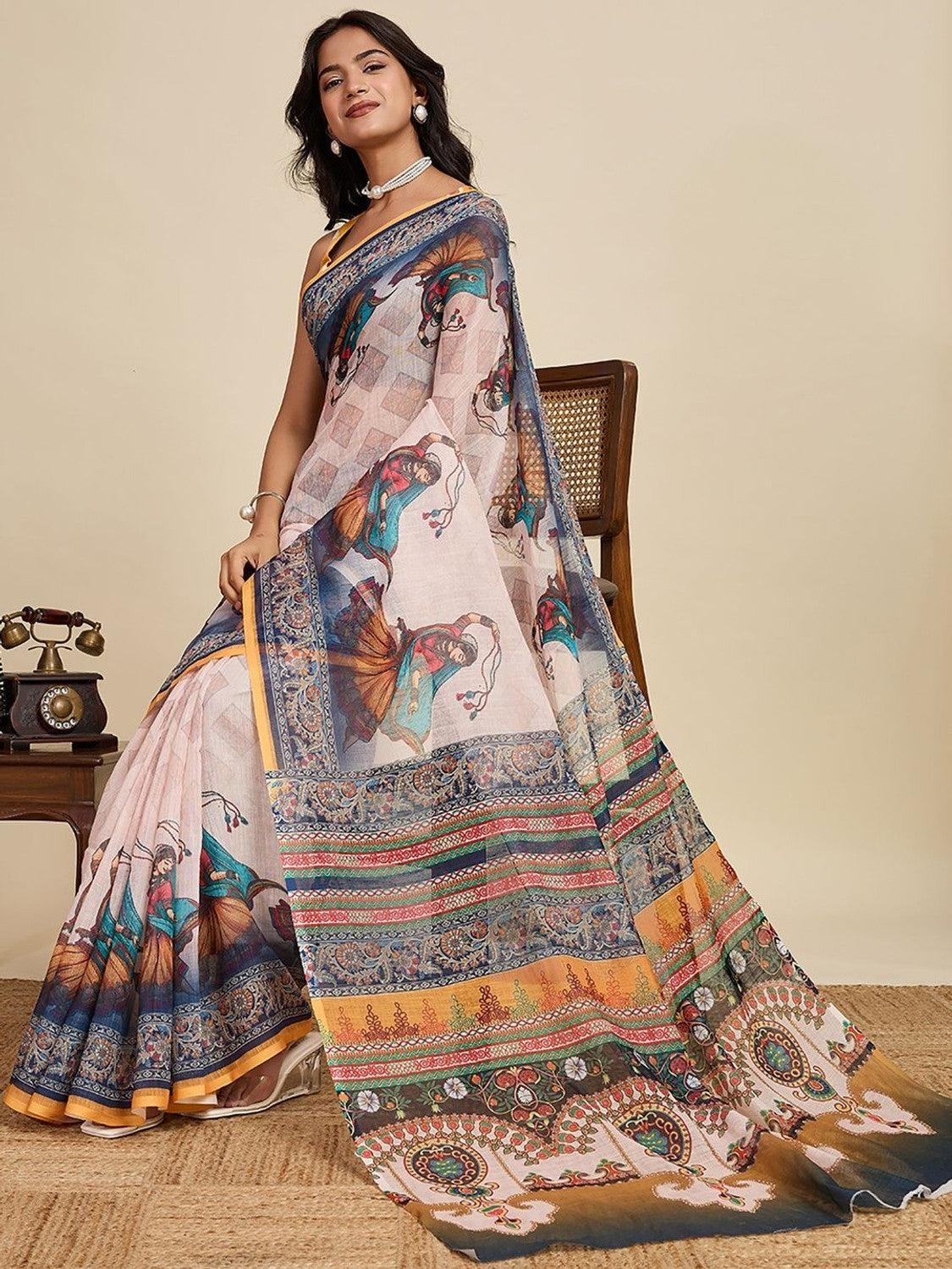 Pastel Pink Linen Saree With Kalamkari Border