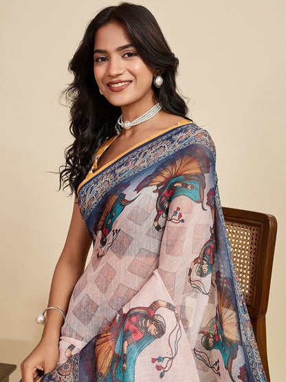 Pastel Pink Linen Saree With Kalamkari Border