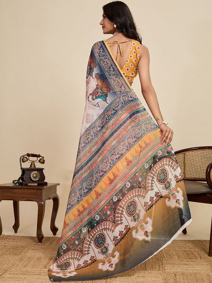 Pastel Pink Linen Saree With Kalamkari Border