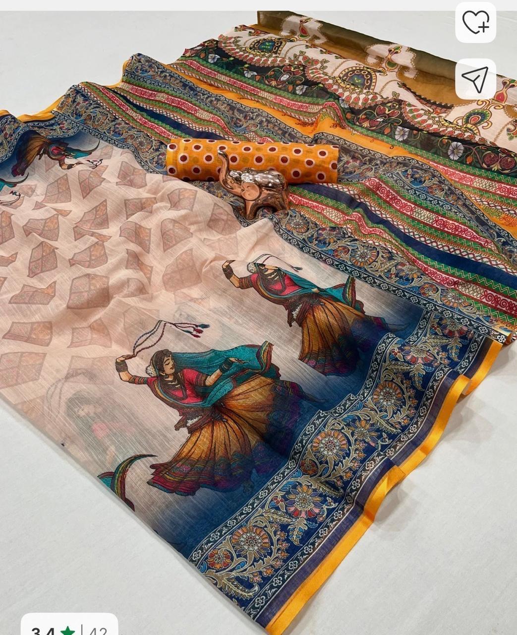 Pastel Pink Linen Saree With Kalamkari Border