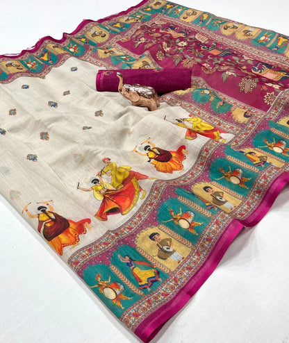 Off-White Pure Linen Elephant Folk Art Saree