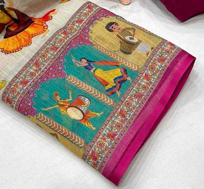 Off-White Pure Linen Elephant Folk Art Saree