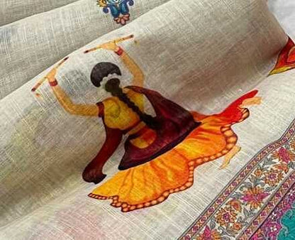 Off-White Pure Linen Elephant Folk Art Saree