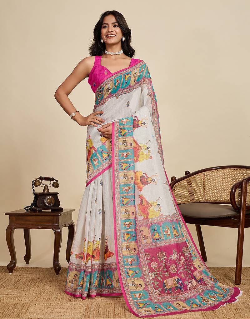 Off-White Pure Linen Elephant Folk Art Saree