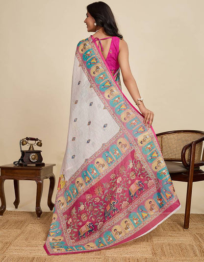 Off-White Pure Linen Elephant Folk Art Saree