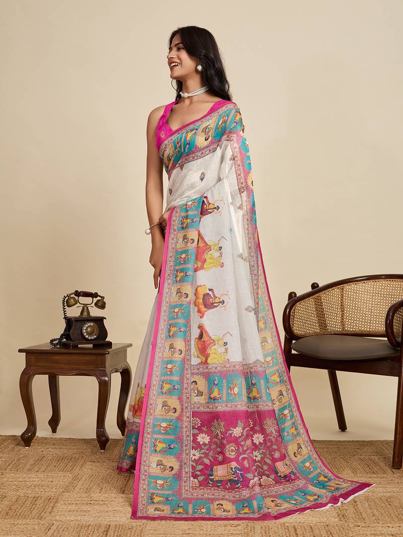 Off-White Pure Linen Elephant Folk Art Saree