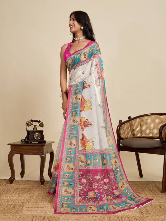 Off-White Pure Linen Elephant Folk Art Saree