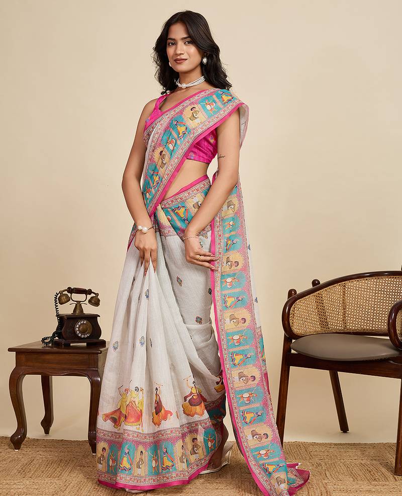 Off-White Pure Linen Elephant Folk Art Saree