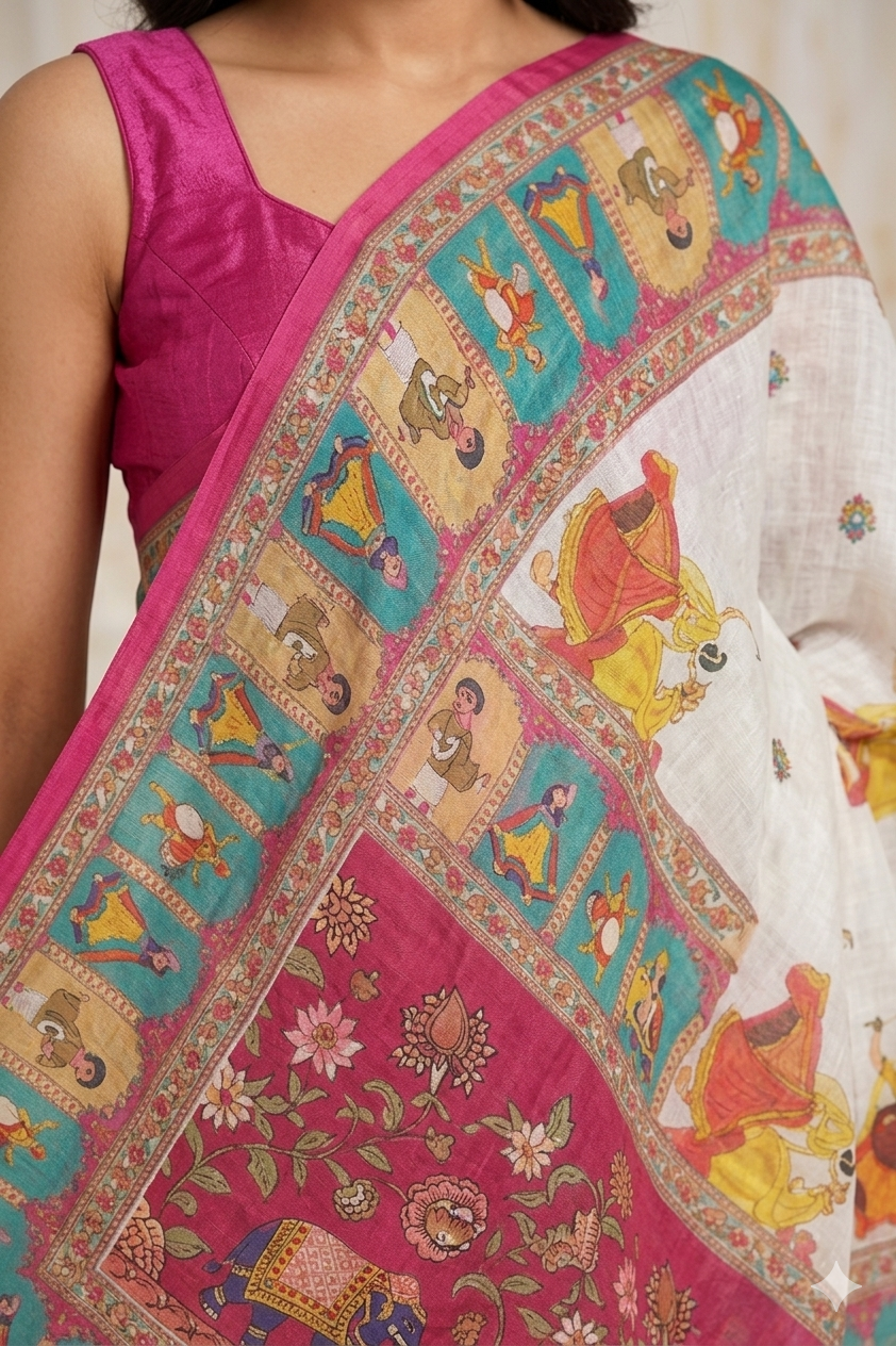 Off-White Pure Linen Elephant Folk Art Saree