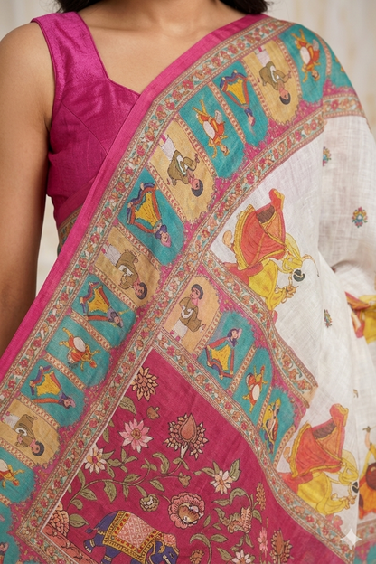 Off-White Pure Linen Elephant Folk Art Saree