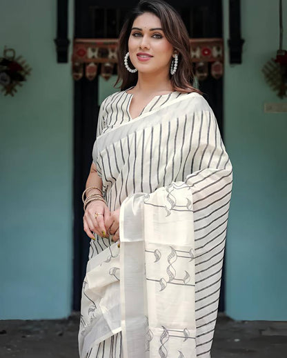 Off-White Black Striped Pure Linen Saree