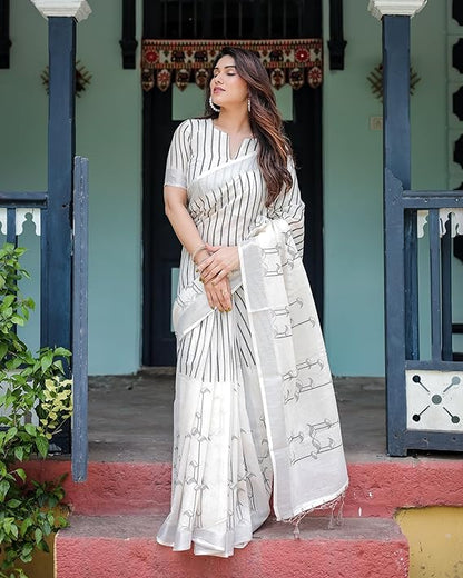 Off-White Black Striped Pure Linen Saree