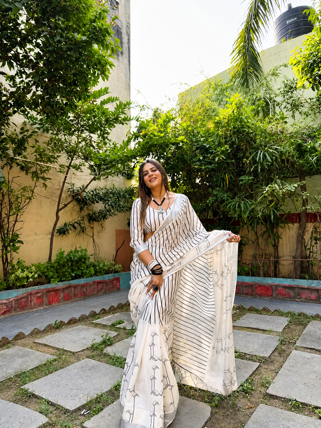 Off-White Black Striped Pure Linen Saree