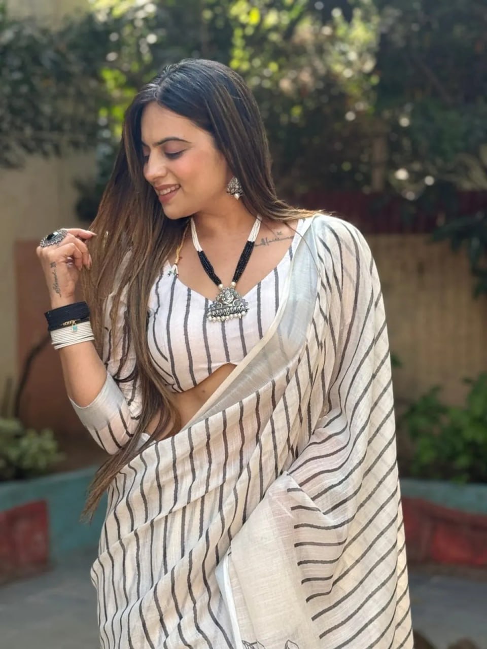 Off-White Black Striped Pure Linen Saree