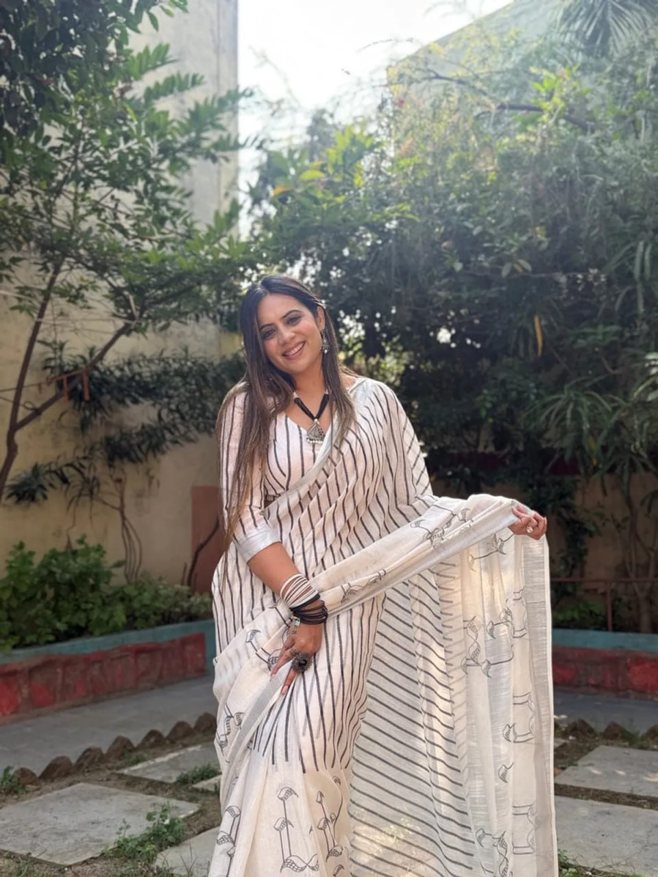 Off-White Black Striped Pure Linen Saree