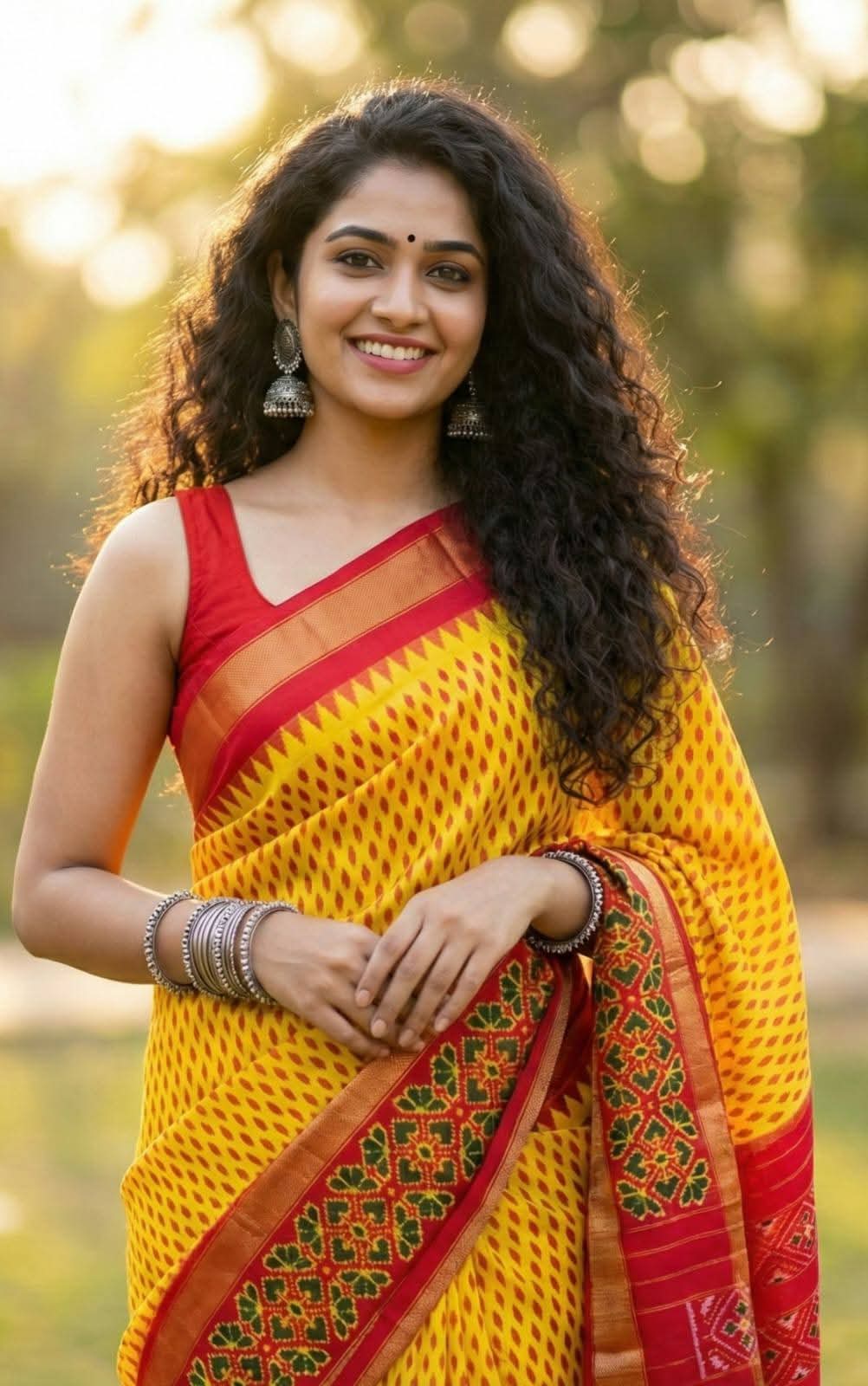 Yellow Pochampally Ikkat Silk Blend Saree with Red Border
