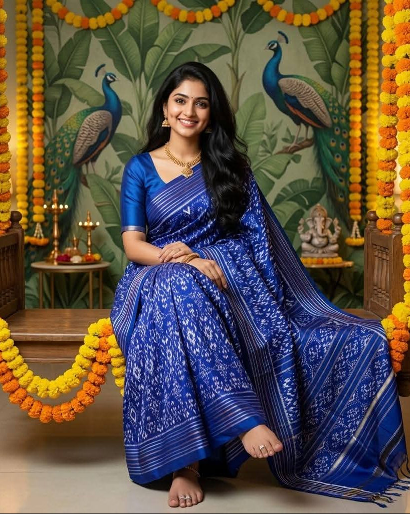 Royal Blue Pochampally Ikkat Pure Silk Saree Silver Zari