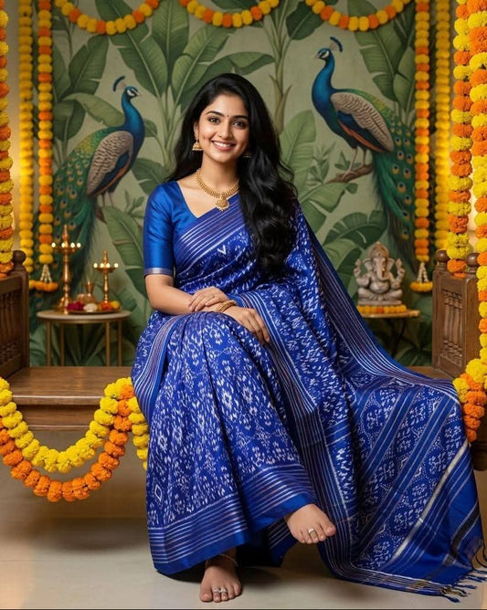 Royal Blue Pochampally Ikkat Pure Silk Saree Silver Zari