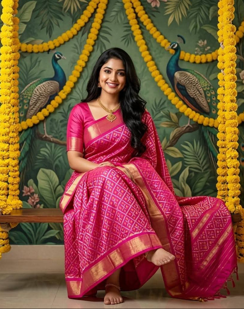 Magenta Pink Pochampally Ikkat Silk Saree with Gold Zari