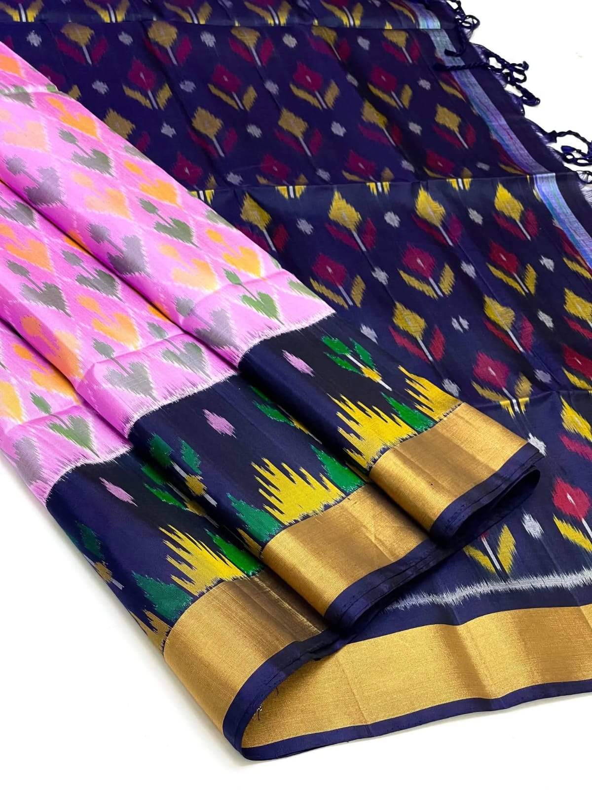 Pink and Navy Blue Pochampally Ikkat Silk Saree Zari