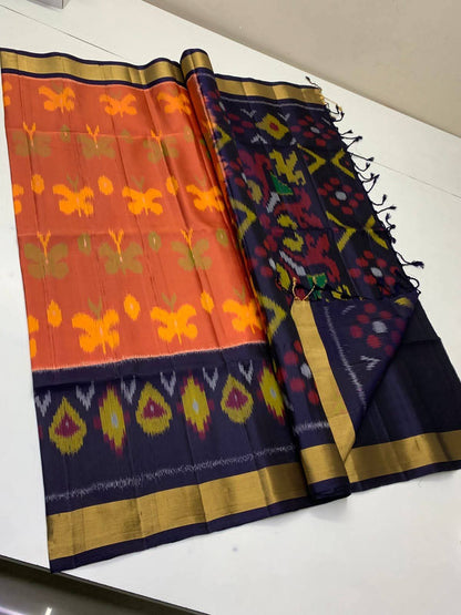 Orange and Navy Blue Pochampally Ikkat Silk Saree Zari