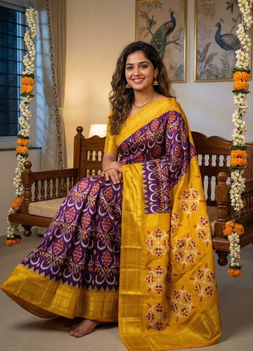 Purple and Yellow Pochampally Ikkat Silk Saree Gold Zari