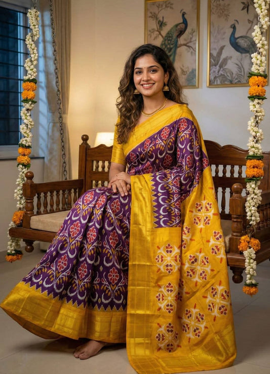 Purple and Yellow Pochampally Ikkat Silk Saree Gold Zari