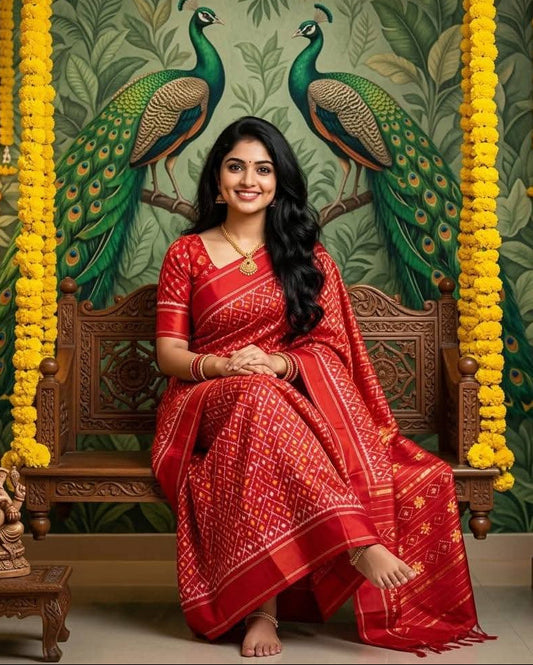 Red Pochampally Ikkat Silk Saree Gold Zari Diamond Motifs