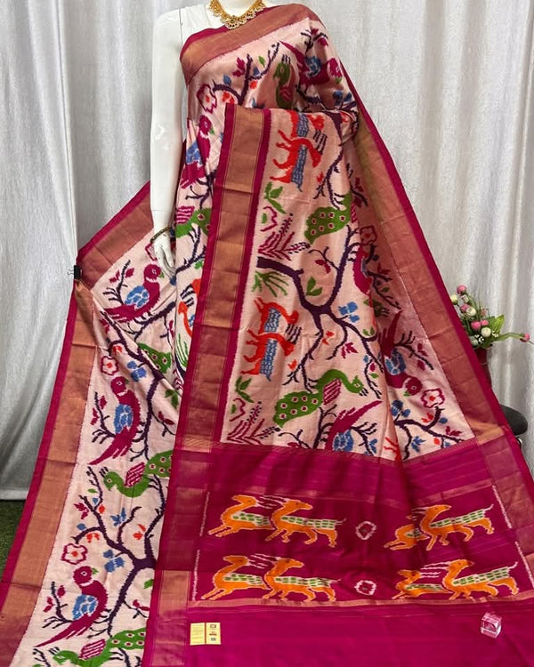 Peach and Magenta Pochampally Ikkat Silk Saree Gold Zari